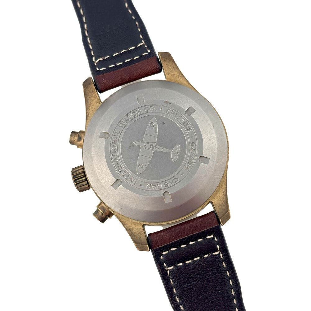 Pre-Owned IWC Schaffhausen Pilot's Watch Chronograph Spitfire Green Dial Brown Strap Watch image number 3