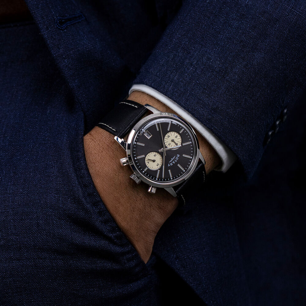 Rotary 1895 Chronograph 38mm Black Dial Leather Strap Watch