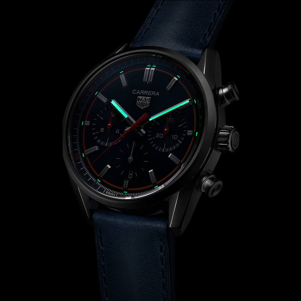 TAG Heuer Carrera Chronograph 42mm Blue Dial Red Details Leather Strap Watch image number 2