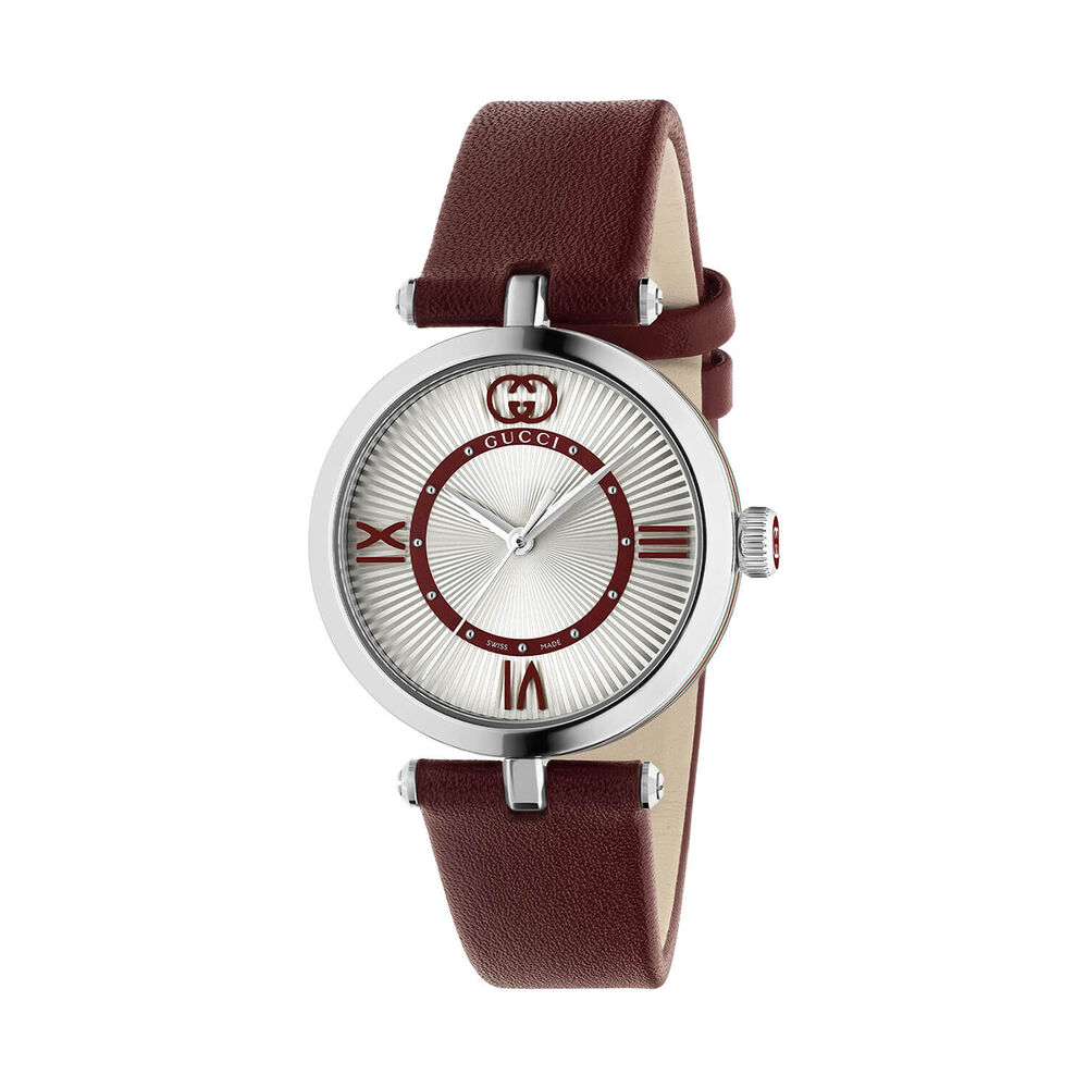 Gucci Model 2000 30mm Silver Dial Red Leather Strap Watch