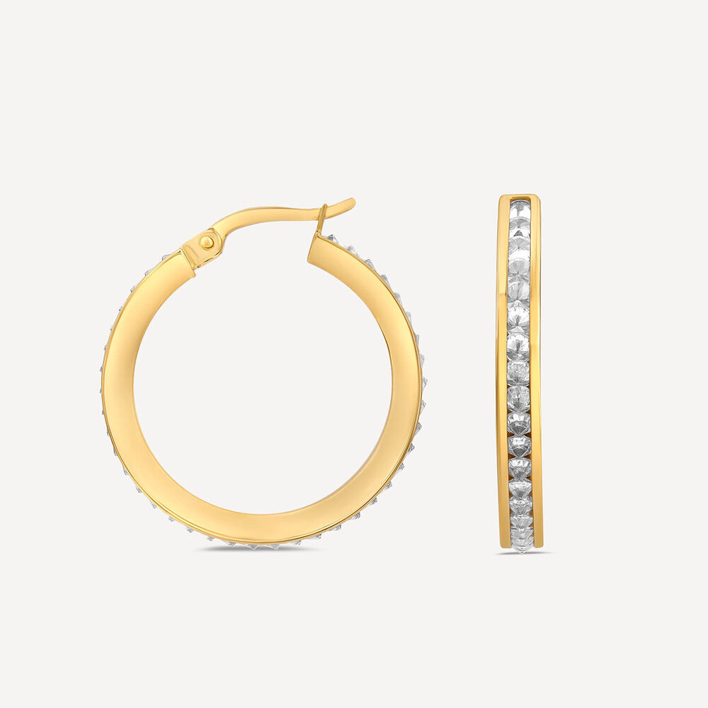 9ct Yellow Gold Large Double Sided Cubic Zirconia Hoop Earrings image number 1