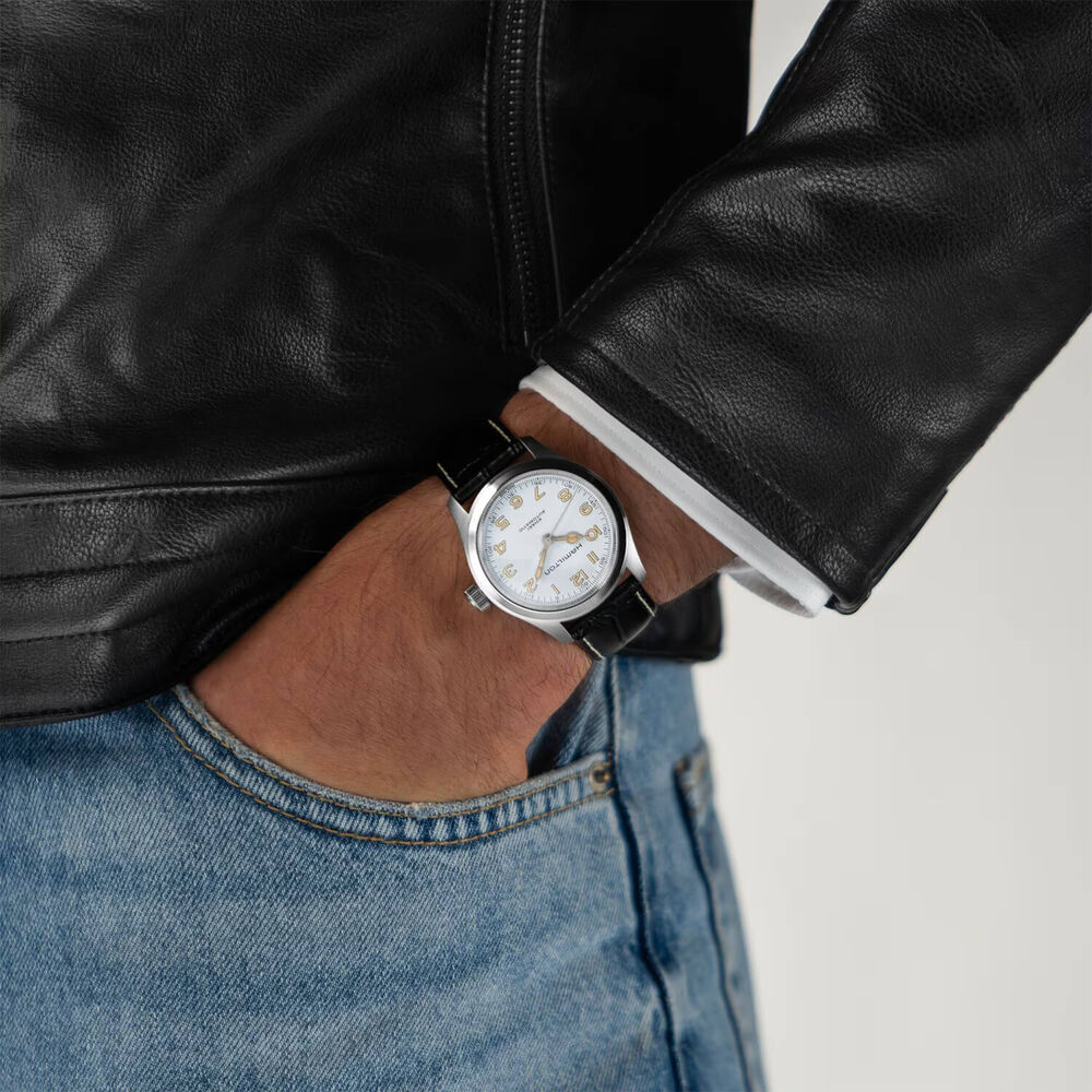 Hamilton Khaki Field Murph 38mm White Dial Steel Case Black Leather Strap Watch image number 6