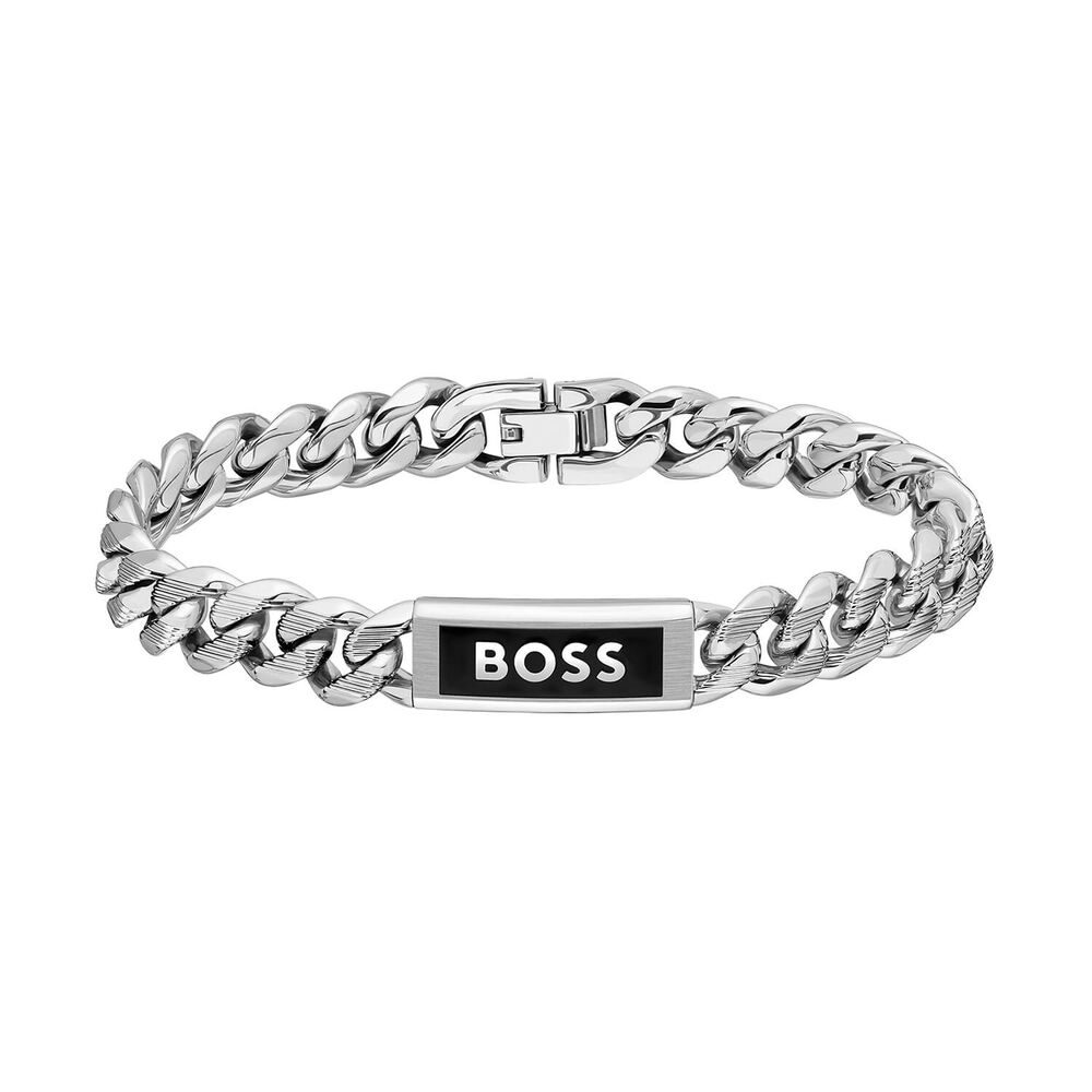 BOSS Kassy Silver Tone Steel Logo Plate Chain Bracelet
