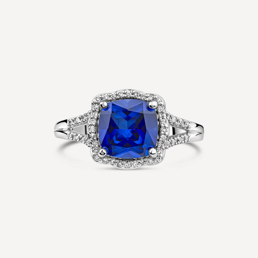 9ct White Gold 0.15ct Diamond and Created Sapphire Halo Ring image number 1