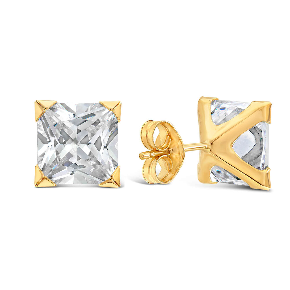 9ct Yellow Gold 8MM Princess Cut Cubic Zirconia Stud Earrings image number 2