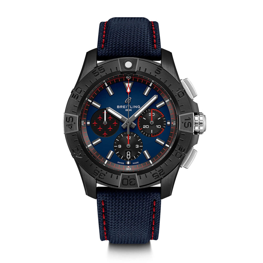 Breitling Avenger B01 Chronograph 44 Red Arrows Blue Dial Ceramic Bezel Leather Strap Watch