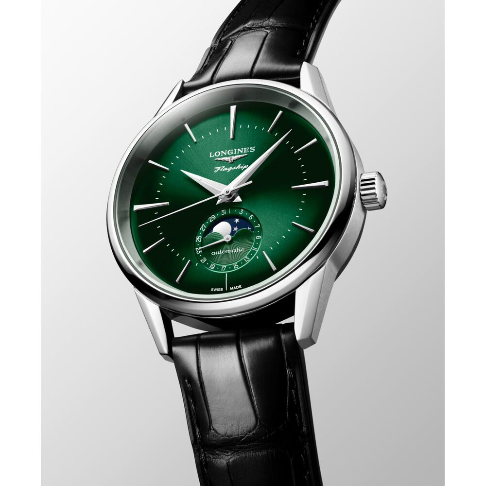 Longines Flagship Heritage 38.5mm Green Dial Black Leather Watch image number 2