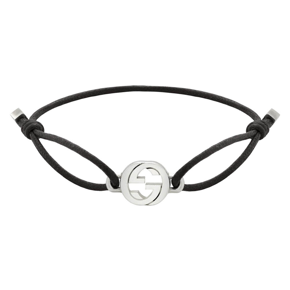 Gucci Interlocking G Sterling Silver Charm Black Cotton Cord Bracelet