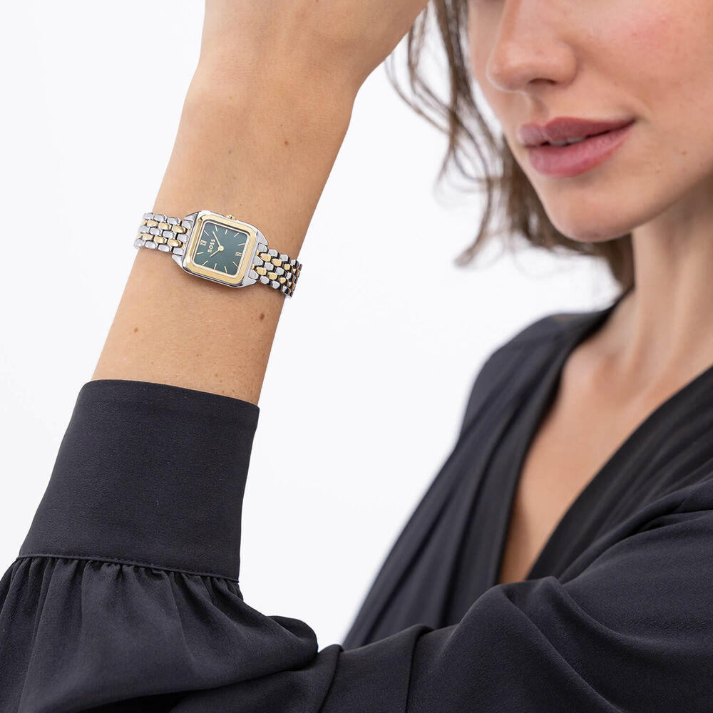BOSS Mae Petite 22mm Square Green Dial Gold Tone Bezel Steel Bracelet Watch image number 5