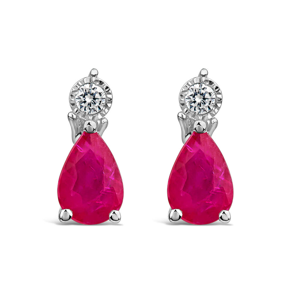 9ct White Gold Pear Ruby & Diamond Top Drop Earrings image number 0