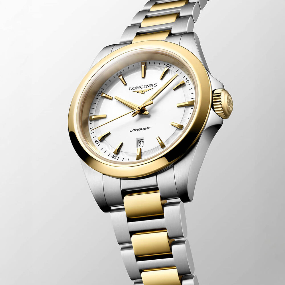 Longines Conquest 30mm White Dial Yellow Gold PVD Steel Bracelet Watch