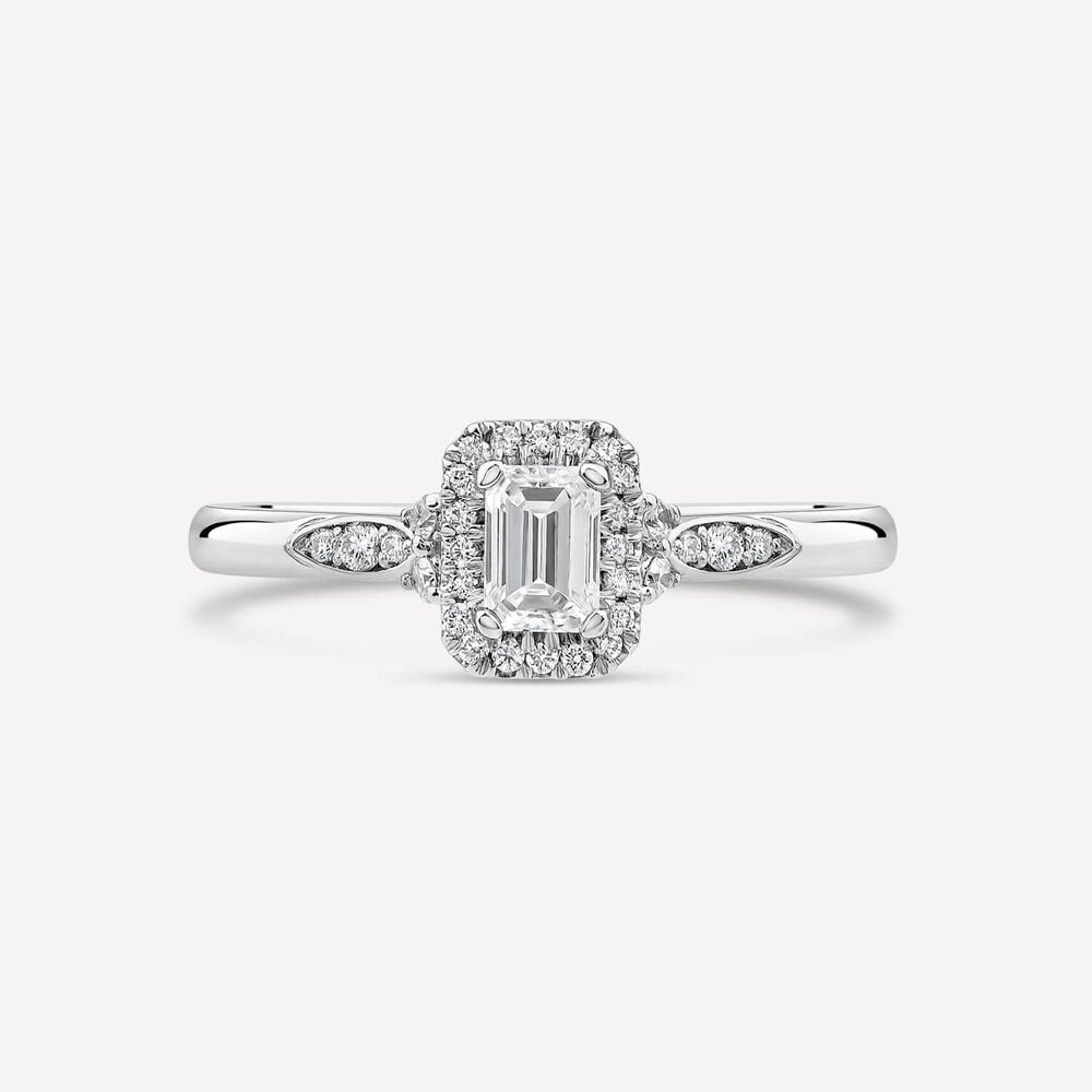 Northen Star Platinum 0.44ct Diamond Emerald Cut Centre Halo & Shoulders Ring image number 1