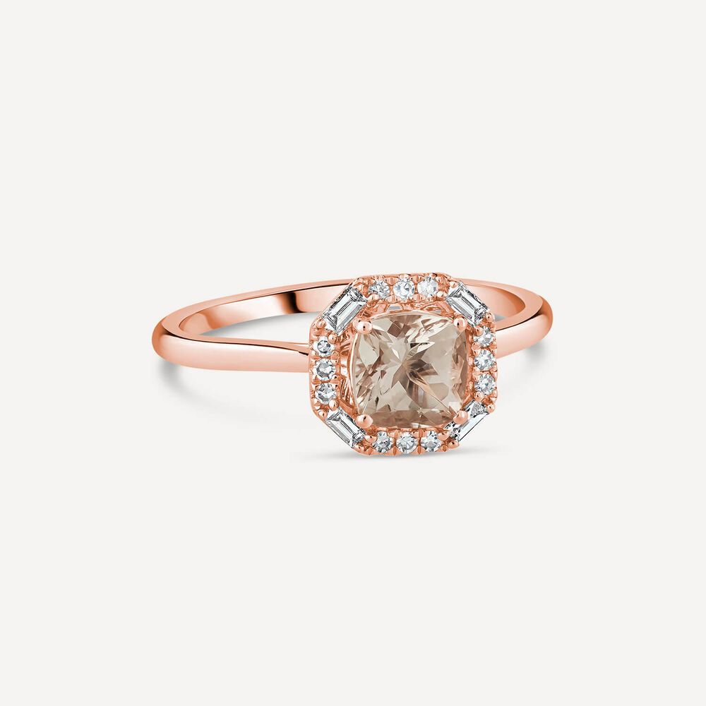9ct Rose Gold Octagonal Morganite and Diamond Halo Ring image number 2