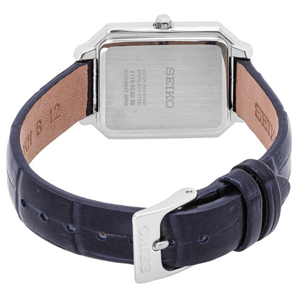 Seiko Solar 25mm Rectangular Dial Crystal Stone Set Bezel Blue Leather Strap Watch image number 3