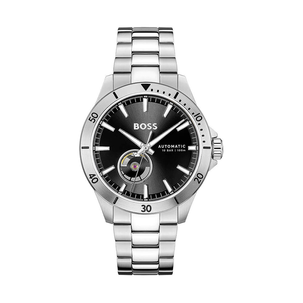 BOSS Troper Automatic 42mm Black Open Heart Dial Steel Bracelet Watch image number 0
