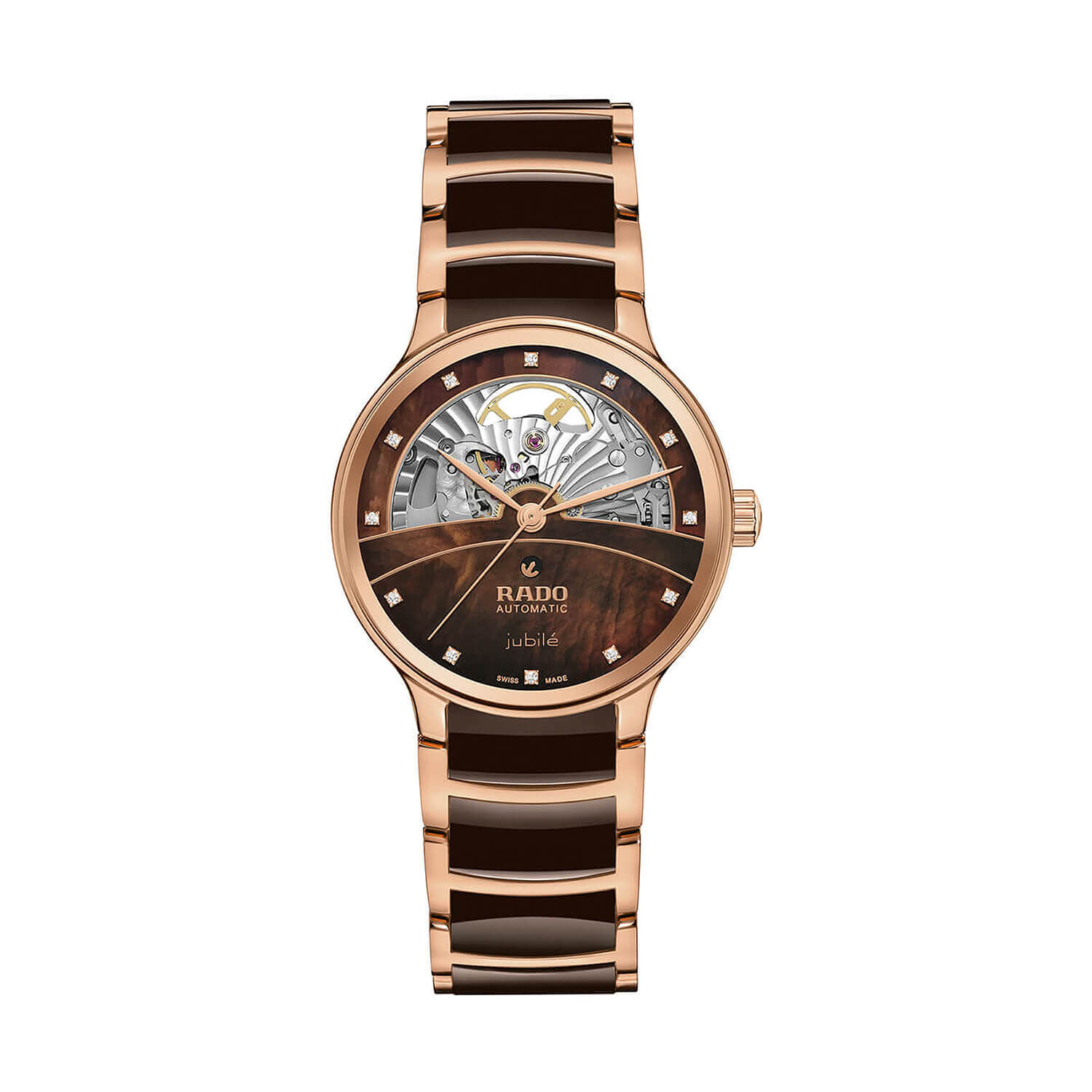 Rado Centrix Automatic Diamonds 35mm Brown Open Heart Dial Two Tone Ceramic Bracelet Watch