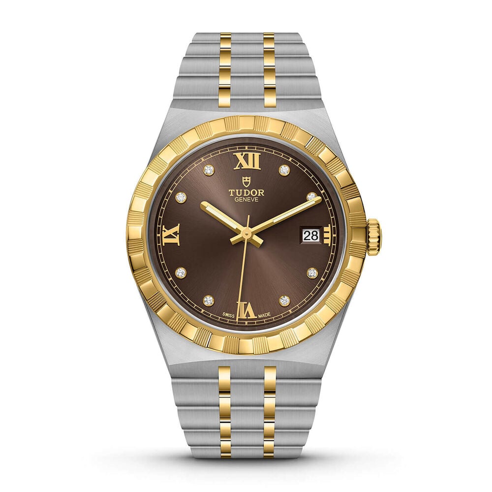 TUDOR Royal 38mm Chocolate Diamond Dot Dial Yellow Gold Bezel Watch