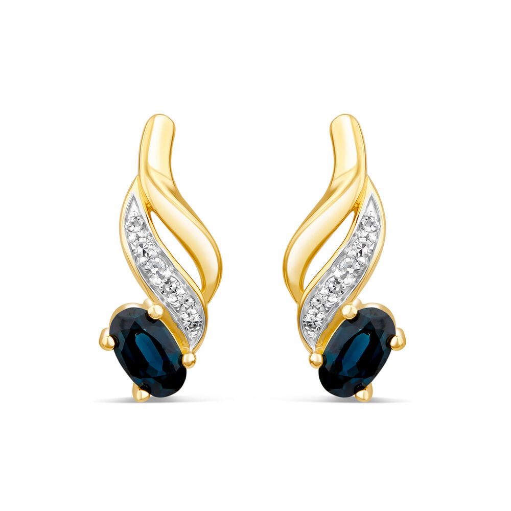 9ct Yellow Gold Oval Sapphire & 0.07ct Diamond Polished Twist Stud Earrings