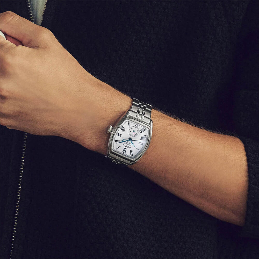 Seiko Presage Classic Series Enamel &lsquo;Tonneau&rsquo; 36mm White Dial Steel Bracelet Watch