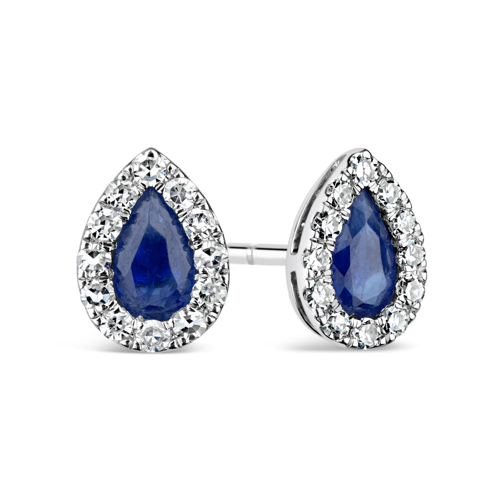 9ct White Gold 0.15ct Diamond and Sapphire Pear Stud Earrings image number 2