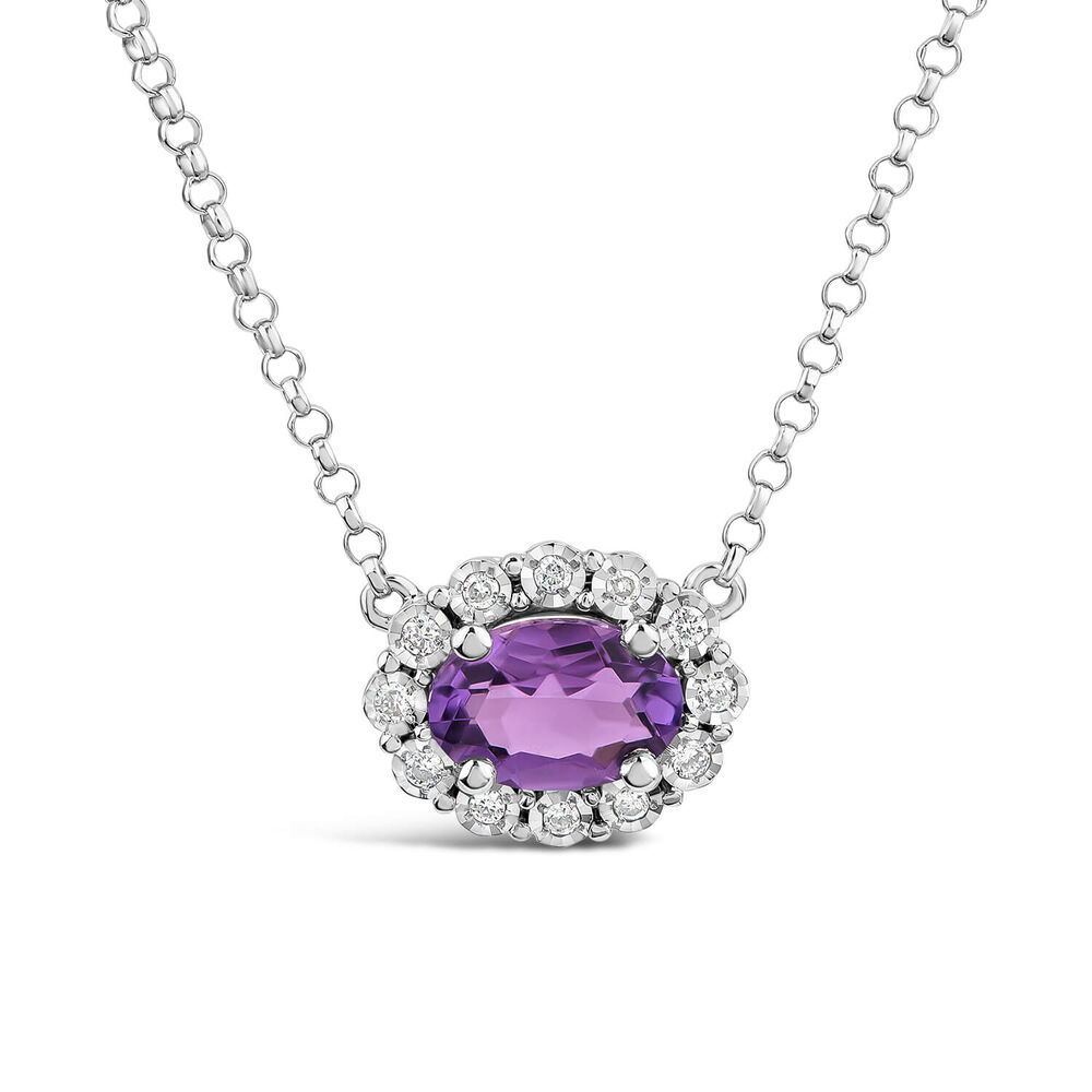 9ct White Gold Oval Amethyst 0.05ct Diamond Cluster Necklet