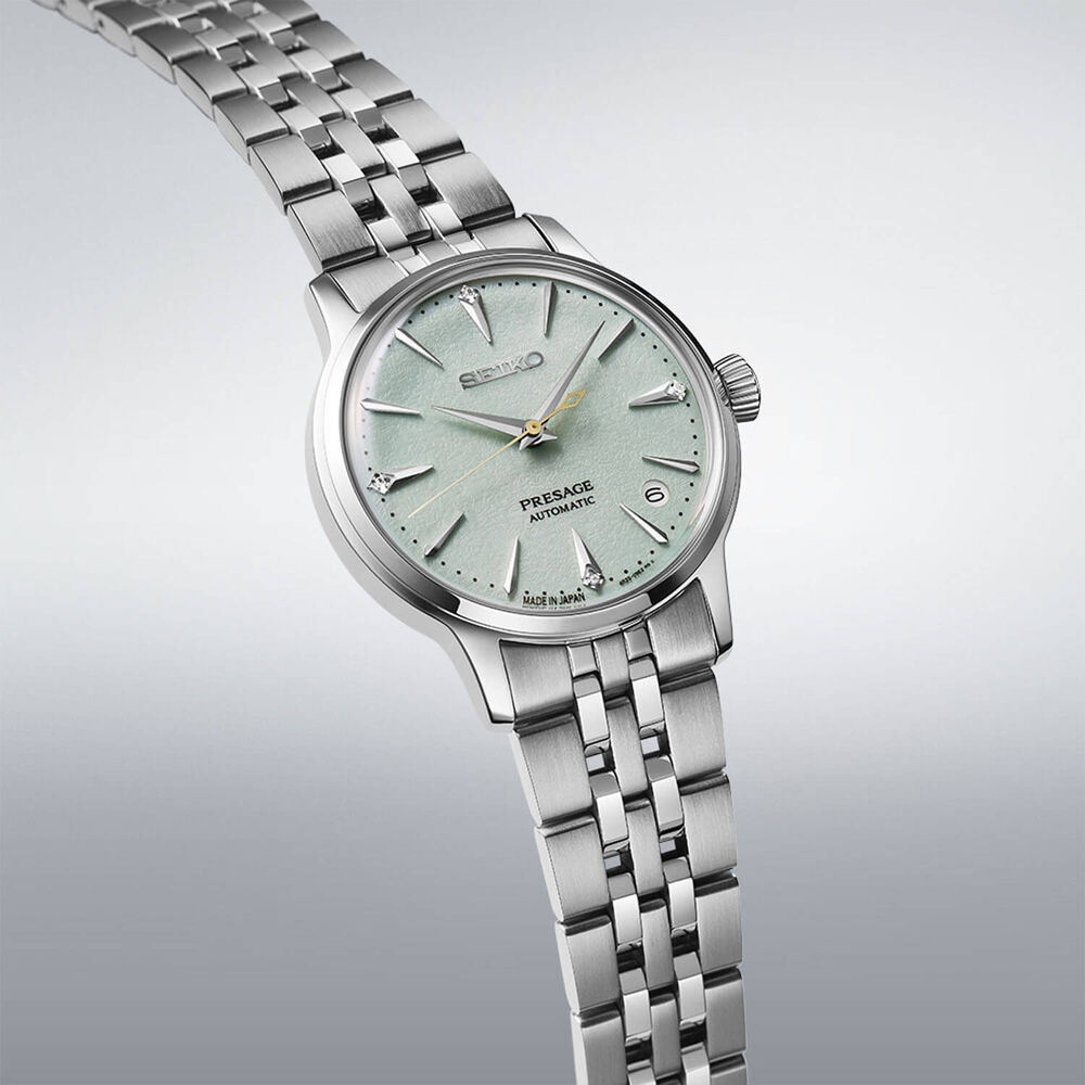 Seiko Presage 'Frozen Mojito' Diamond Cocktail Time 34mm Green Dial Steel Bracelet Watch image number 2