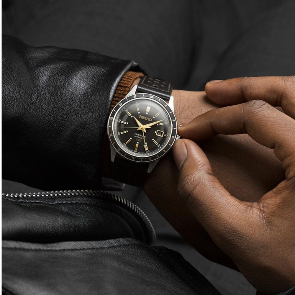 Seiko Presage Style60's 'Fume' 40mm Grey Dial Black Leather Strap Watch image number 7