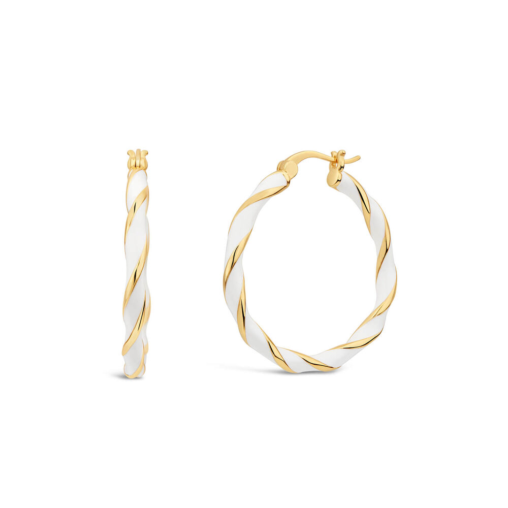 Silver & Yellow Gold Plated White Enamel Twist Large Hoop Earrings