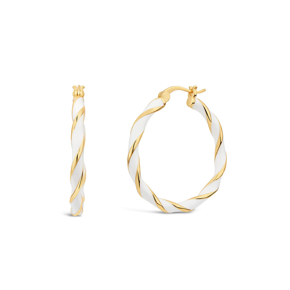 Silver & Yellow Gold Plated White Enamel Twist Large Hoop Earrings image number 0