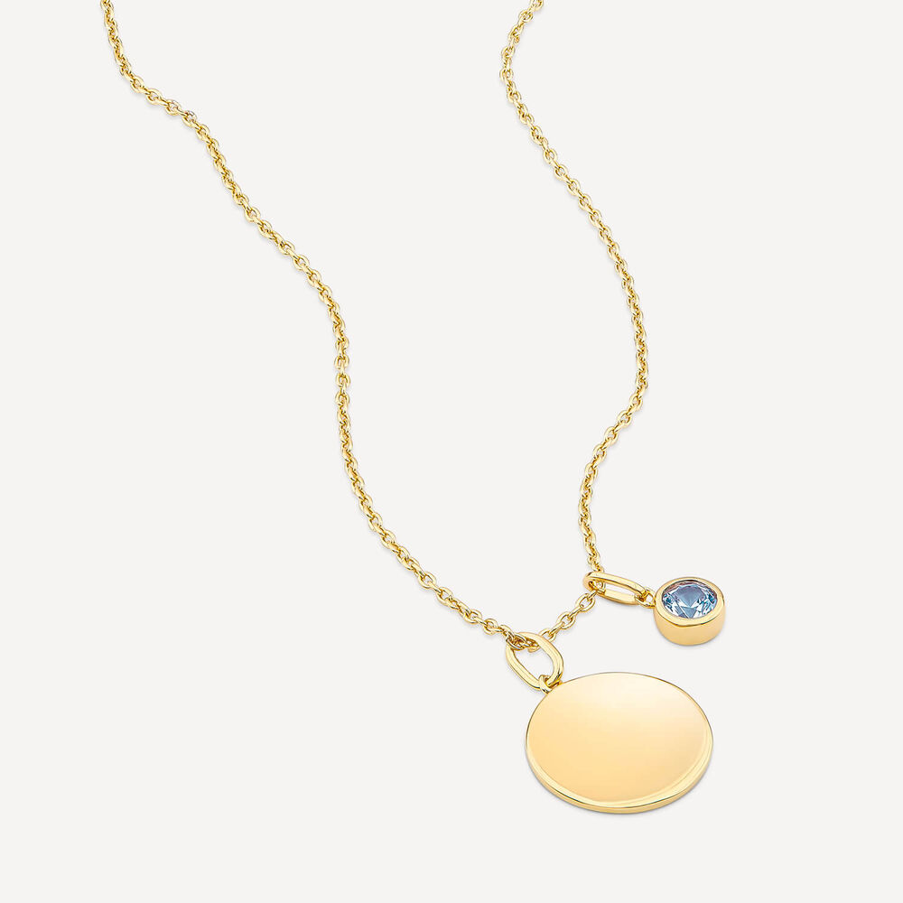 Sterling Silver Yellow Gold Plated Round Aquamarine & Disc Pendant