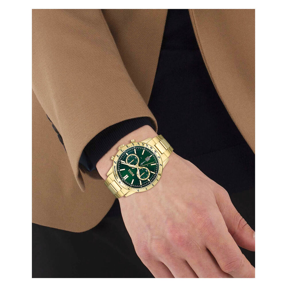 BOSS Allure Chronograph 44mm Quartz Green Dial Yellow Gold IP Case Bracelet Watch image number 2