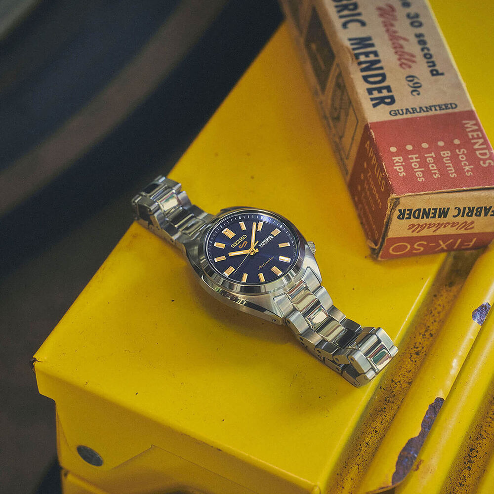 Seiko 5 Sports ‘Hebitama’ SNXS Denim Blue 32mm Dial Steel Bracelet Watch image number 7