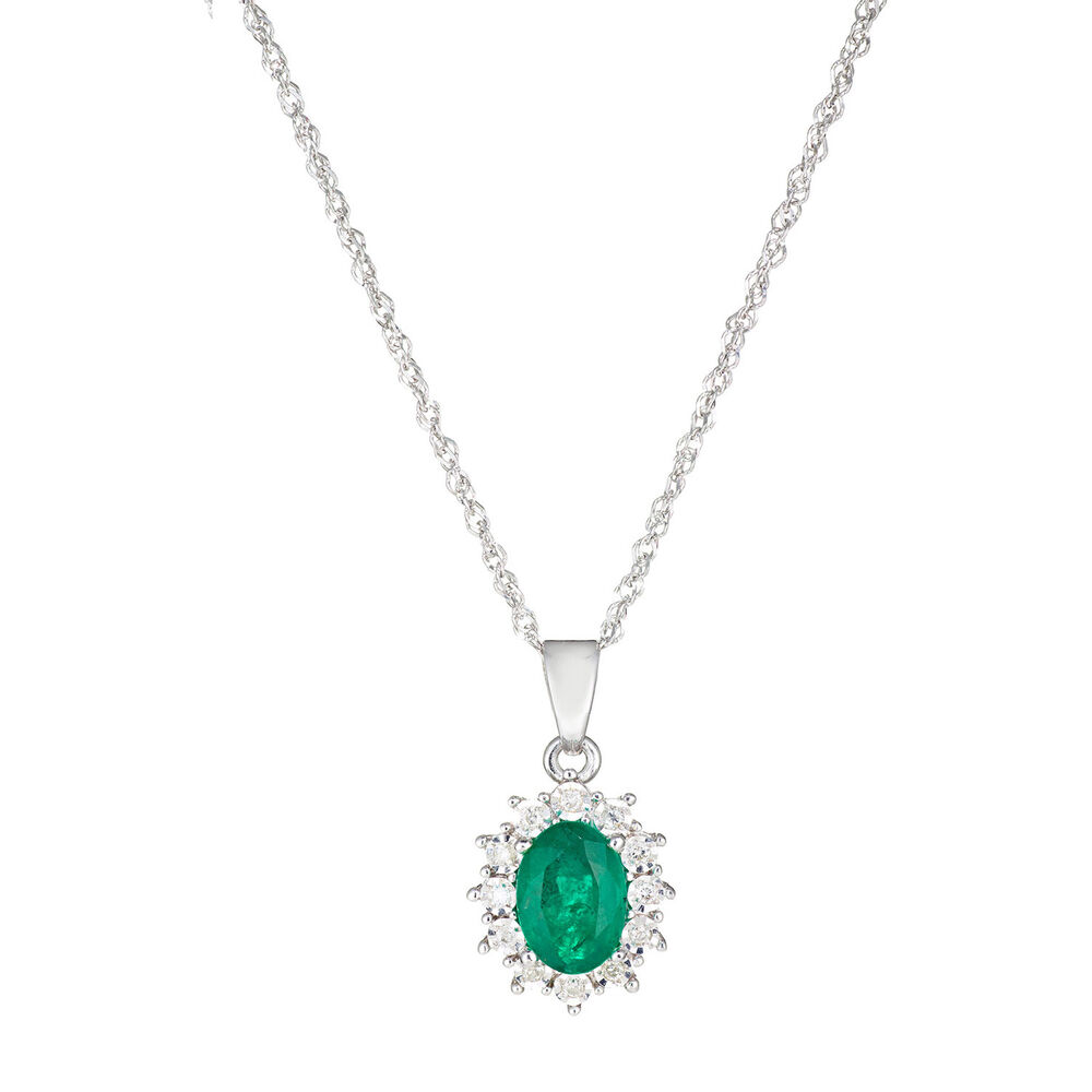 9ct white gold oval emerald and diamond pendant image number 0