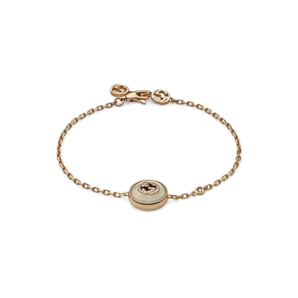 Gucci Interlocking MOP Stone Diamonds 18k Rose Gold Bracelet (Size M, 6.7")