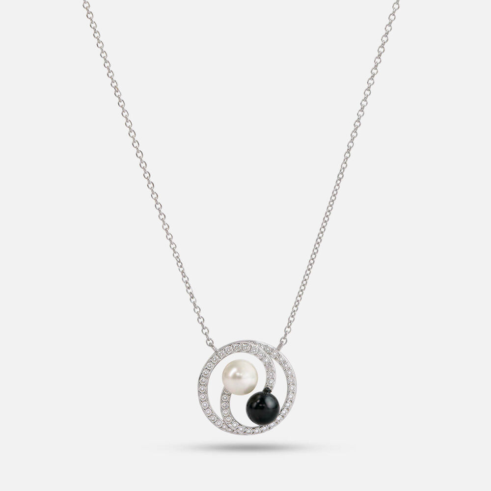 9ct White Gold Black & White Freshwater Pearl 0.11ct Diamond Swirl Necklet