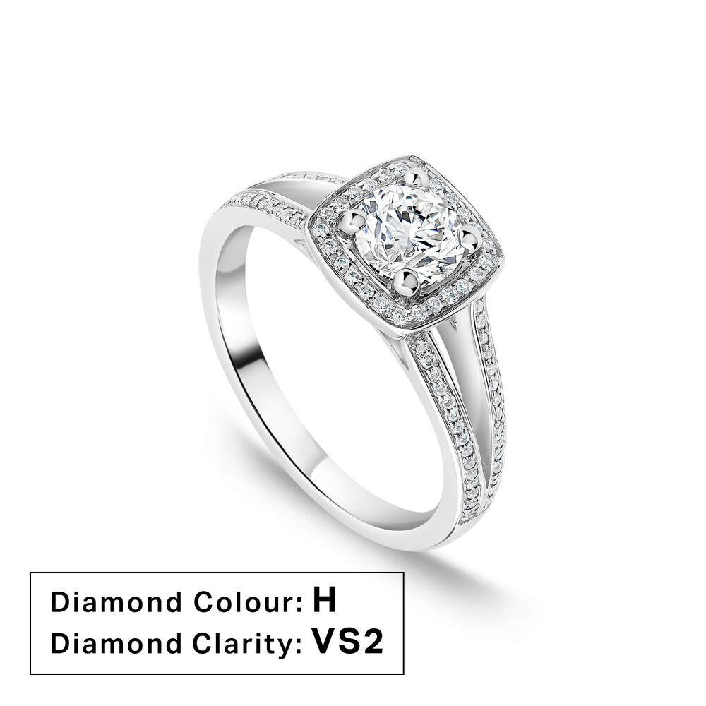 Platinum 0.70ct Round Diamond Halo & Split Sides Ring