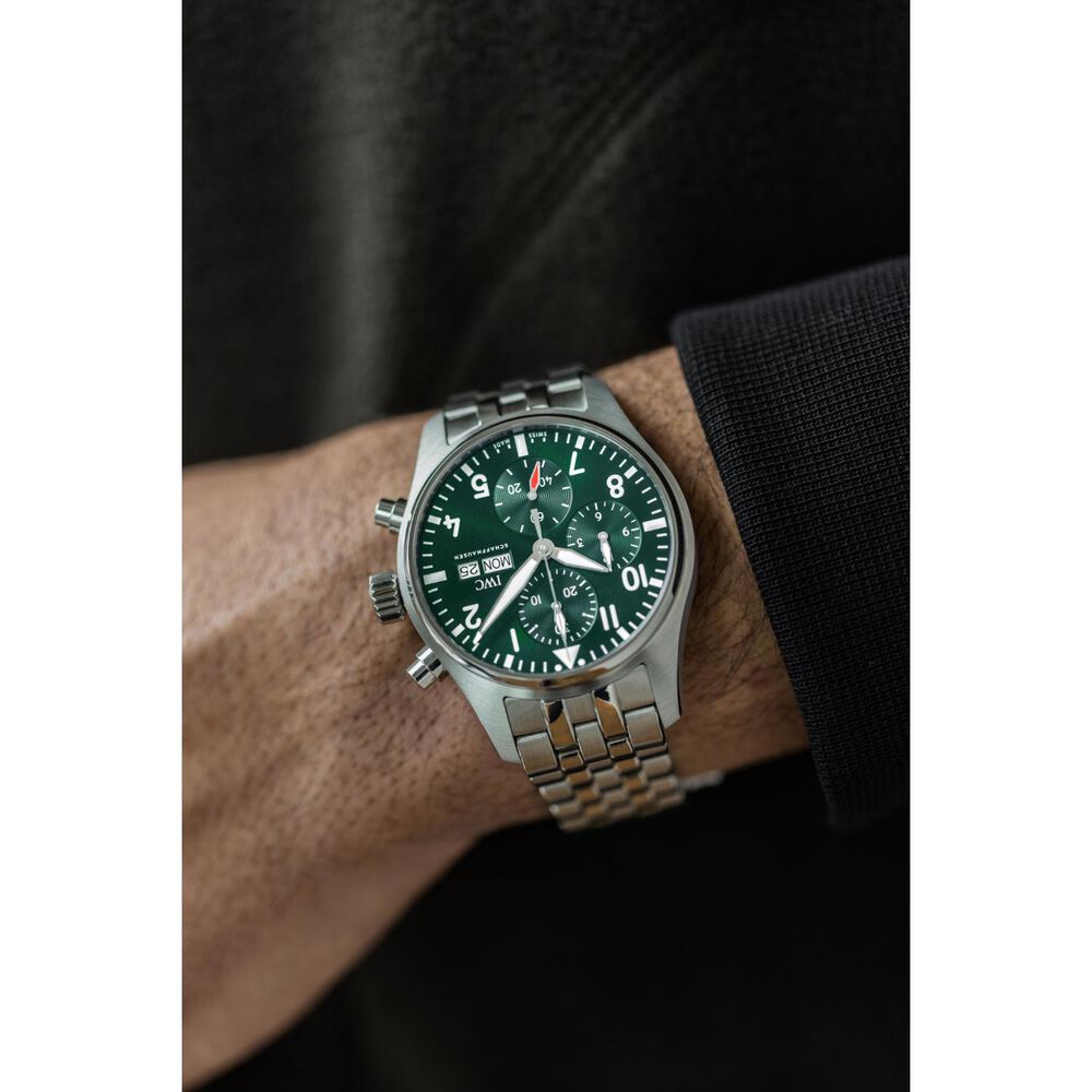 IWC Schaffhausen Pilot's Chronograph 41 Green Dial Steel Case Bracelet Watch image number 8