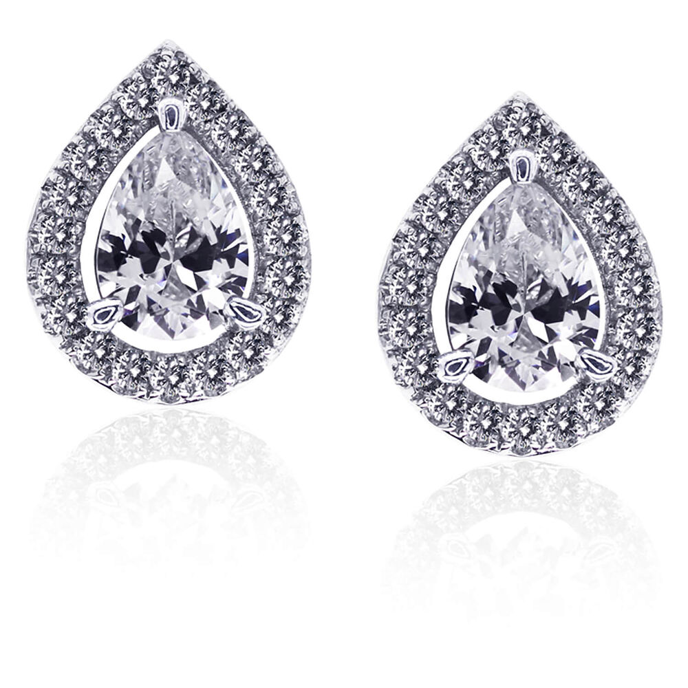 CARAT* London Silver Border Set Stud Earrings 6x9mm Pear Centre Stone image number 0
