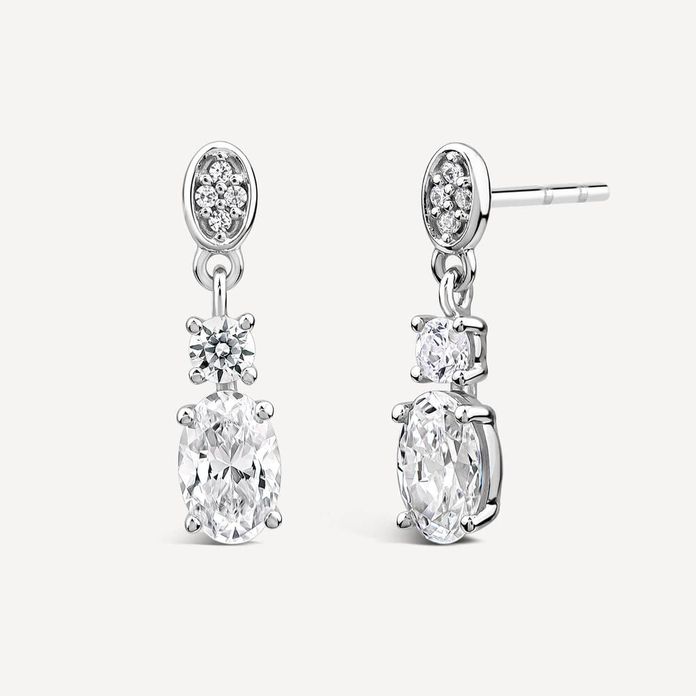 9ct White Gold Three Stone Cubic Zirconia Drop Earrings