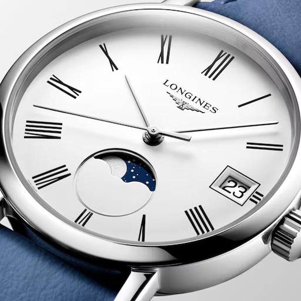 Longines Elegant Moonphase 30mm White Matte Dial Blue Leather Strap Watch