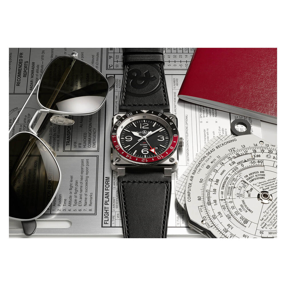Bell & Ross BR03-93 GMT Black And Red Bezel Steel Case Black Strap Watch image number 2