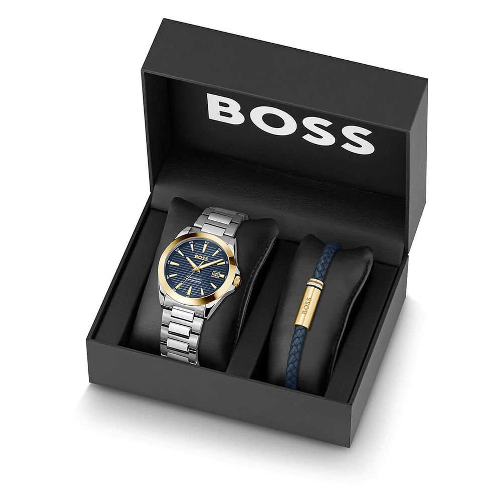 BOSS Strike 41mm Blue Dial Steel Bracelet Watch & Blue Leather Bracelet Set image number 2