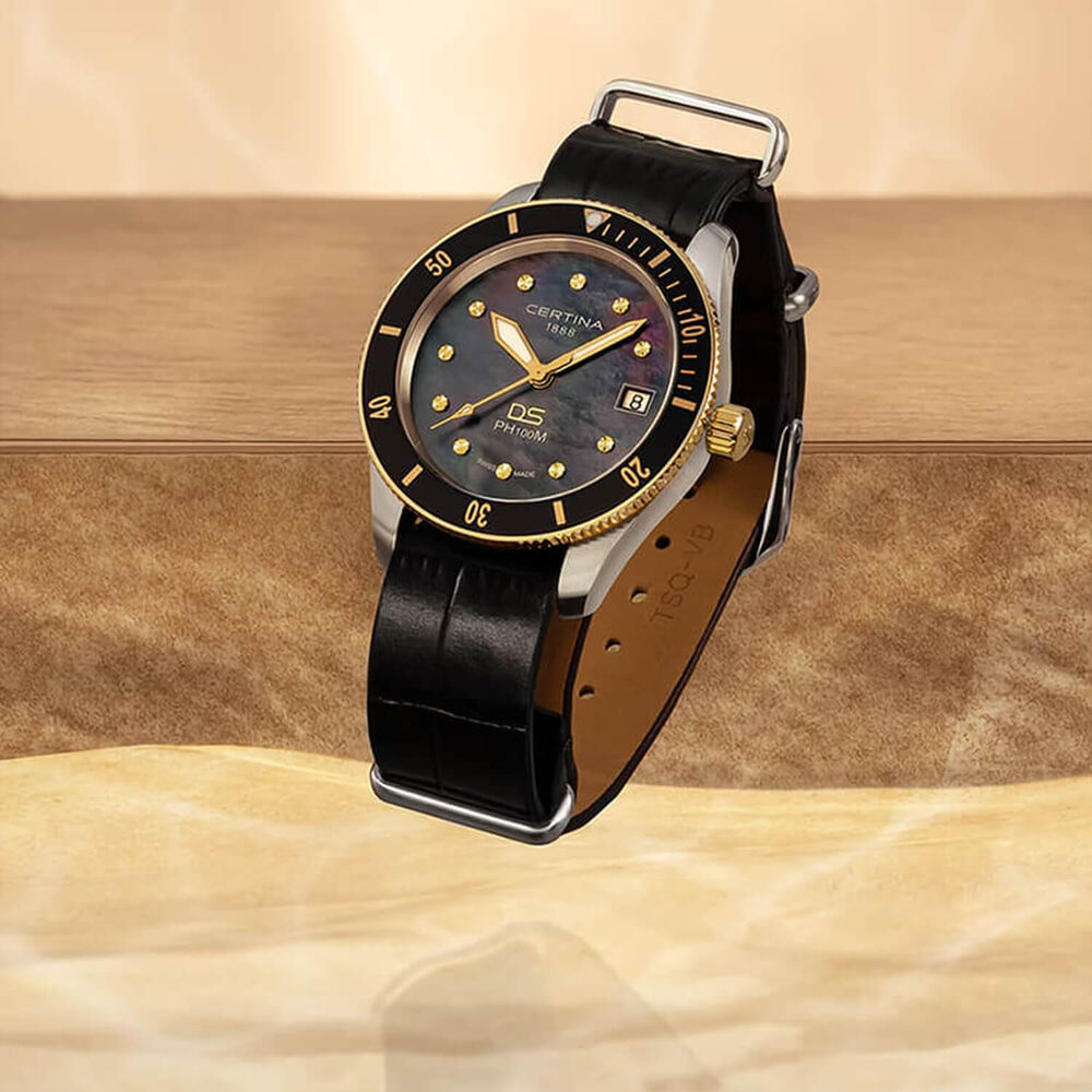 Certina DS PH100M Lady 37.5mm Black Mother of Pearl Dial Black Leather Strap Watch image number 6