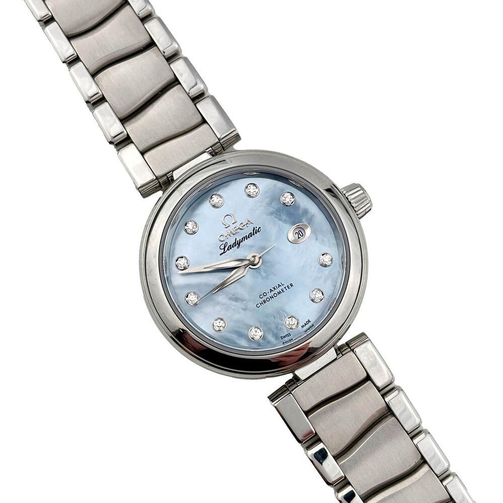Pre-Owned OMEGA De Ville Ladymatic 34mm Blue Dial Diamond Dots Steel Bracelet Watch
