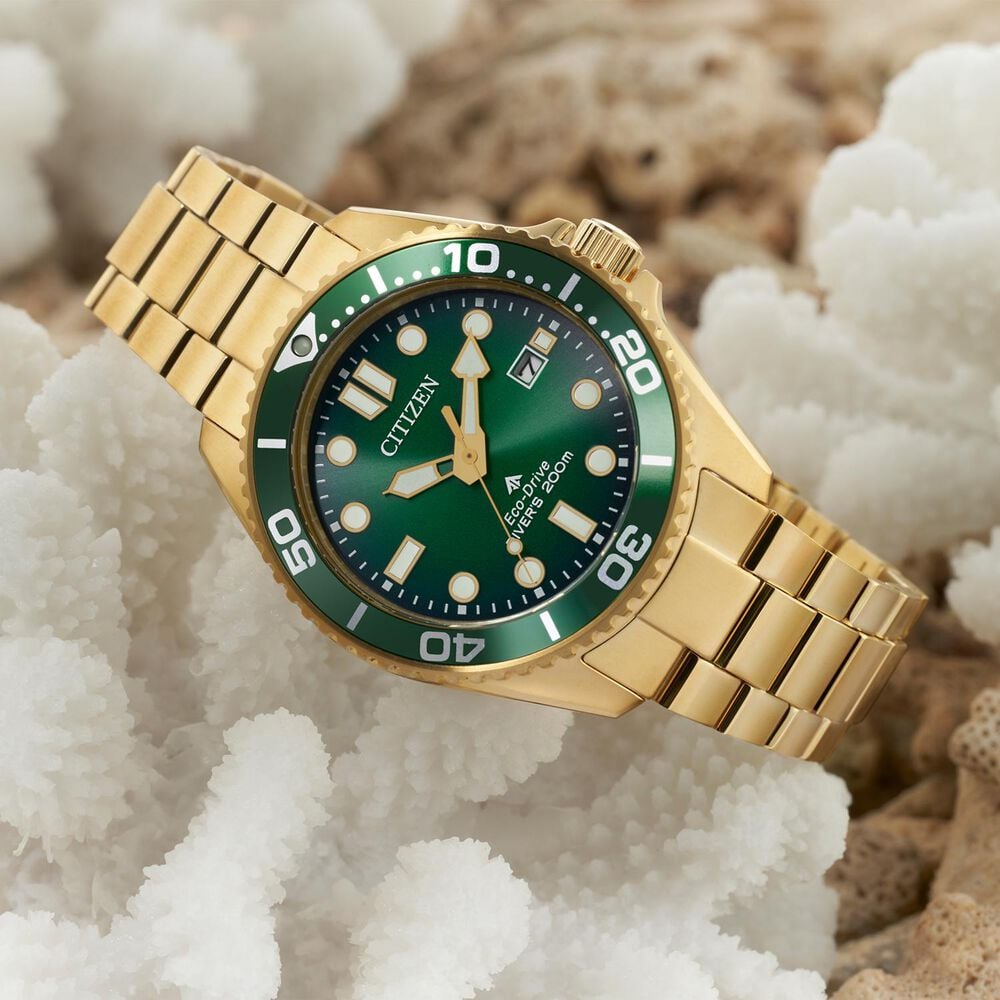 Citizen Promaster Diver 44mm Green Dial Gold Tone Steel Bracelet Watch image number 3
