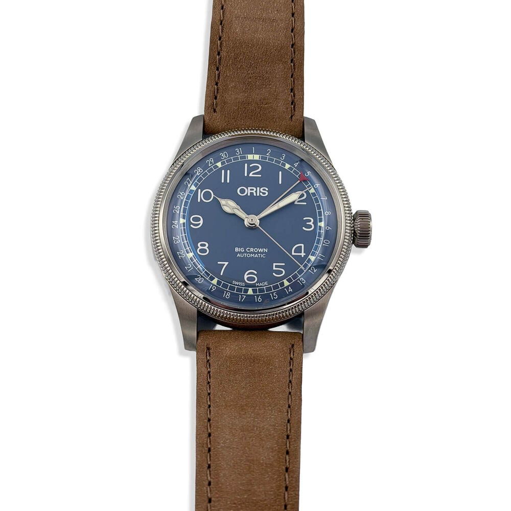 Pre-Owned Oris Big Crown Pointer Date 40mm Blue Dial Brown Leather Strap Watch