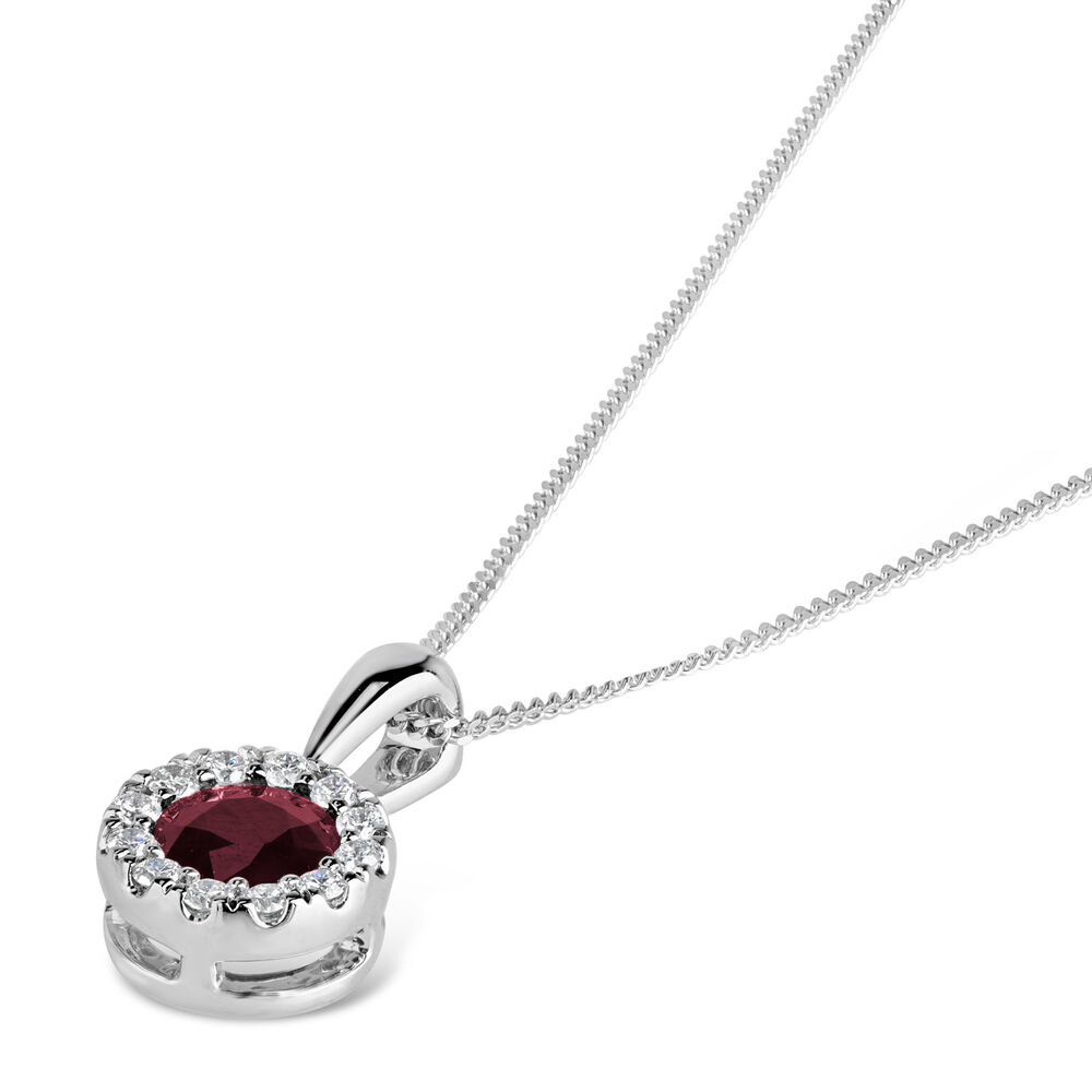 9ct White Gold Ruby and 0.12ct Diamond Halo Pendant image number 1