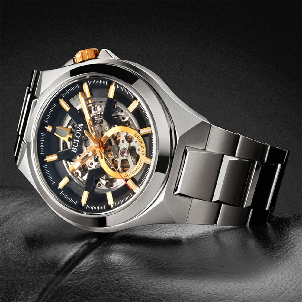 Bulova Maquina Skeleton 46mm Black Dial Steel Bracelet Watch image number 4