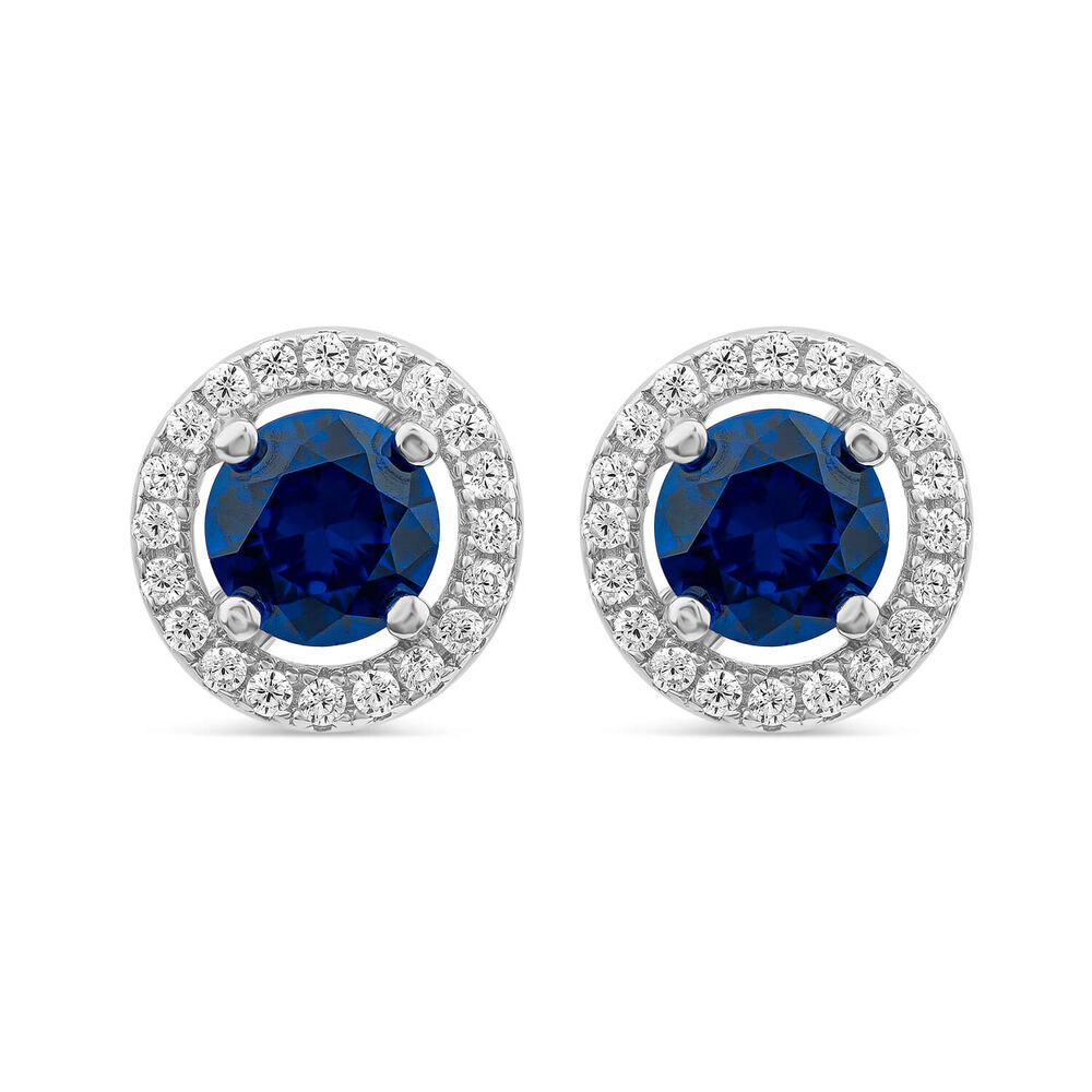 Sterling Silver Blue Centre Stone & Cubic Zirconia Halo Stud Earrings
