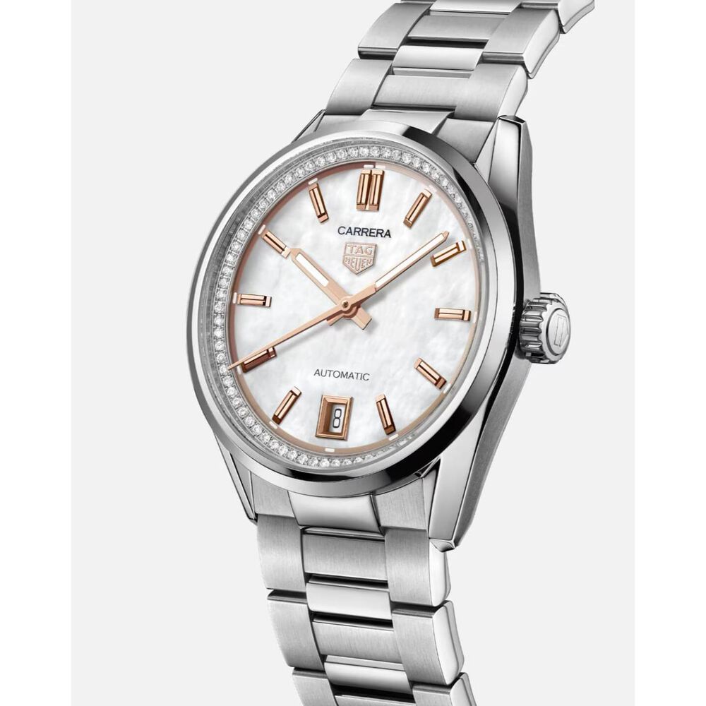 TAG Heuer Carrera Date 36mm MOP Dial Diamonds Stainless Steel Bracelet Watch image number 2